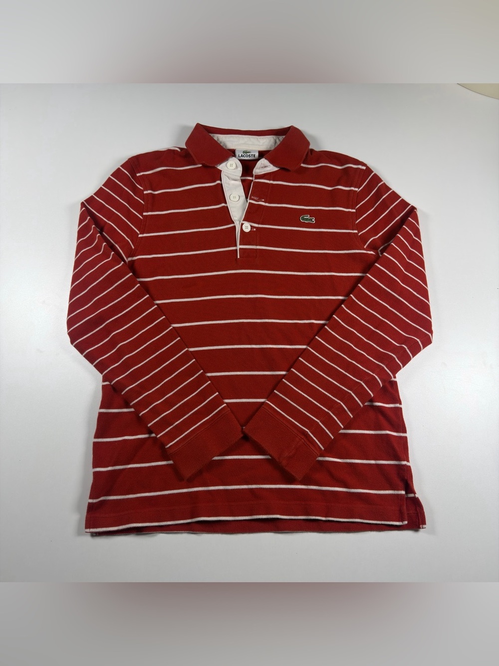 Lacoste Red White Striped Long Sleeve Polo Shirt Size S